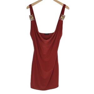 Pretty Little Thing Sexy Mini Dress Slinky Drape Front Rust Red Gold Lion Sz 10